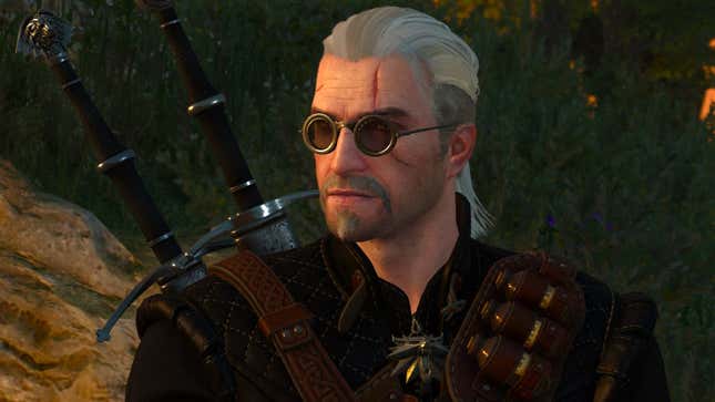 Una captura de pantalla  de Witcher 3 muestra a Geralt usando lentes geniales. 